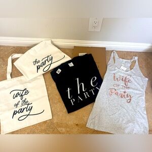 Wife of the party and the party shirts and matching totes